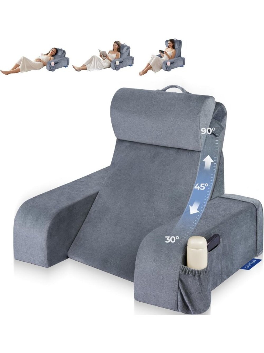 Adjustable Reading Pillow - 30-90° Angle & Height, Medium Size, Cozy Grey Color